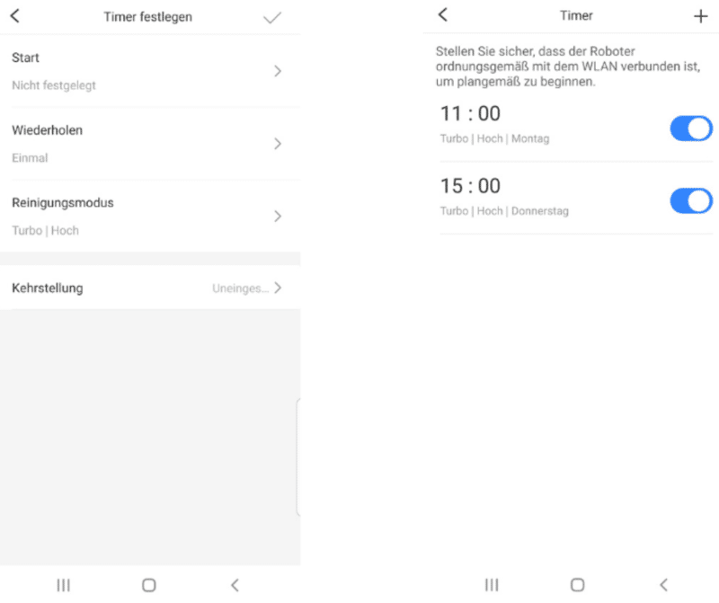 Timerfunktion bei einem Staubsauger-Roboter wird in der Handy-App eingestellt